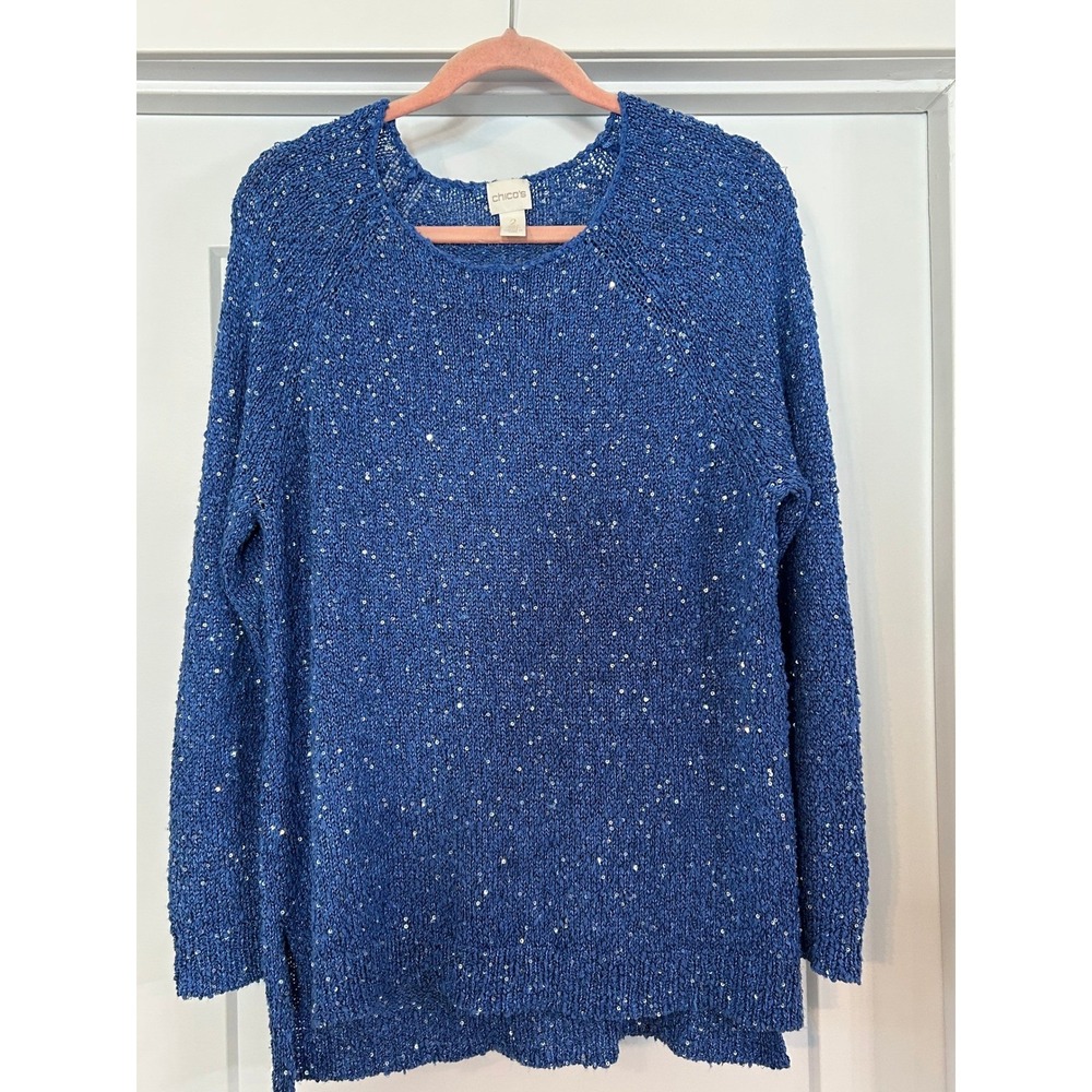 Chicos Blue Sequin Knit Sequin Shimmer Sweater Long Sleeve‎ Tunic Top 2 equal 12